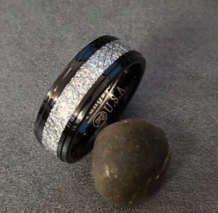 Personalized Men's Tungsten Wedding Ring With IMI Meteorite Inlay - Engraved Ring