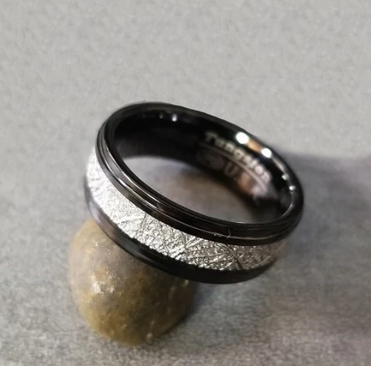 Personalized Men's Tungsten Wedding Ring With IMI Meteorite Inlay - Engraved Ring