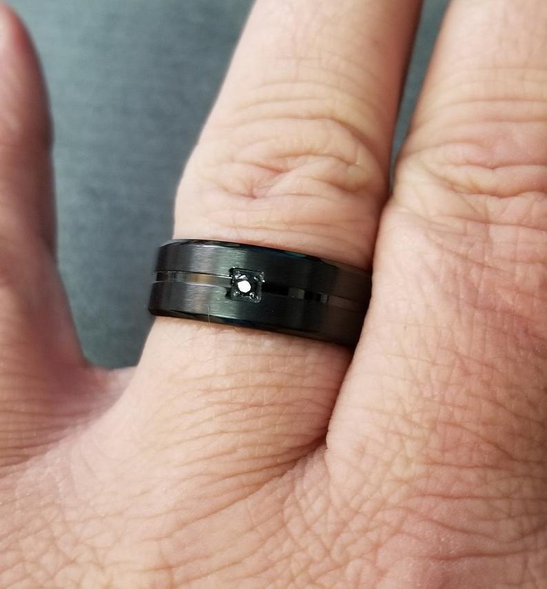 Personalized Men's Wedding Ring Band - Beveled, Grooved Black Gem Stainless Steel