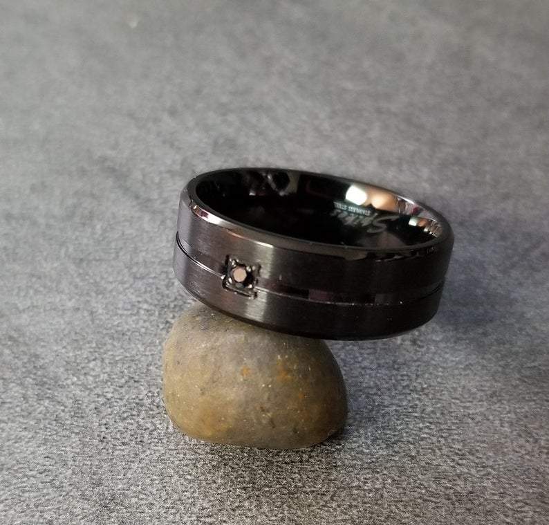 Personalized Men's Wedding Ring Band - Beveled, Grooved Black Gem Stainless Steel