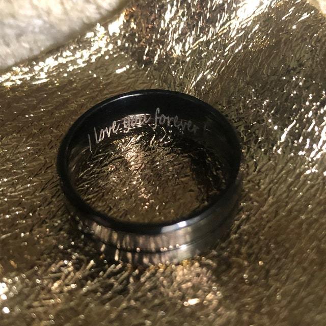Personalized Men's Wedding Ring Band - Beveled, Grooved Black Gem Stainless Steel