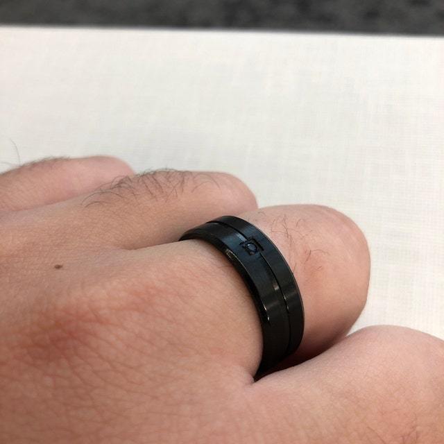 Personalized Men's Wedding Ring Band - Beveled, Grooved Black Gem Stainless Steel