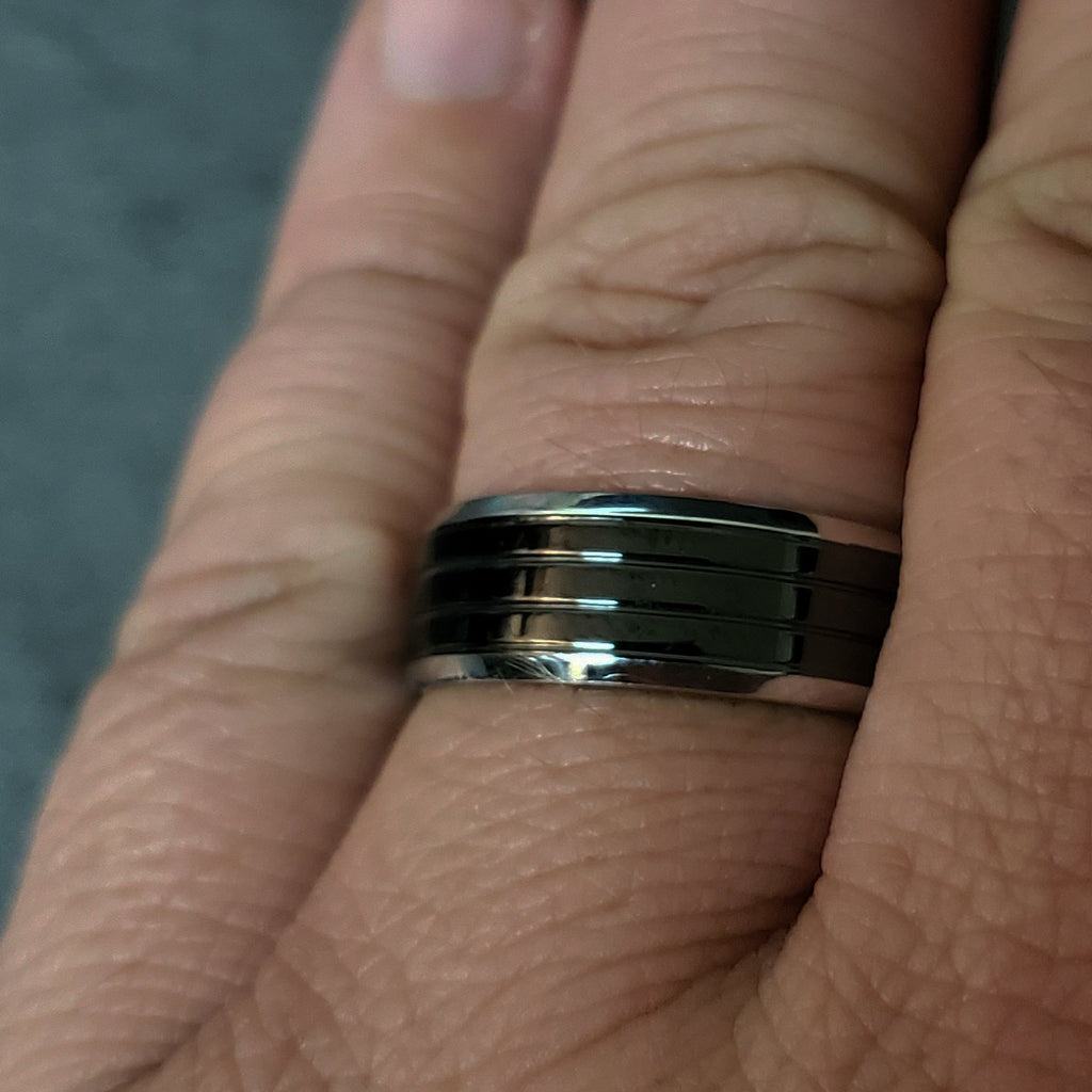 Personalized Men's Wedding Band - Double Grooved Stainless Steel
