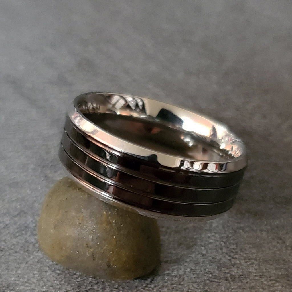 Personalized Men's Wedding Band - Double Grooved Stainless Steel