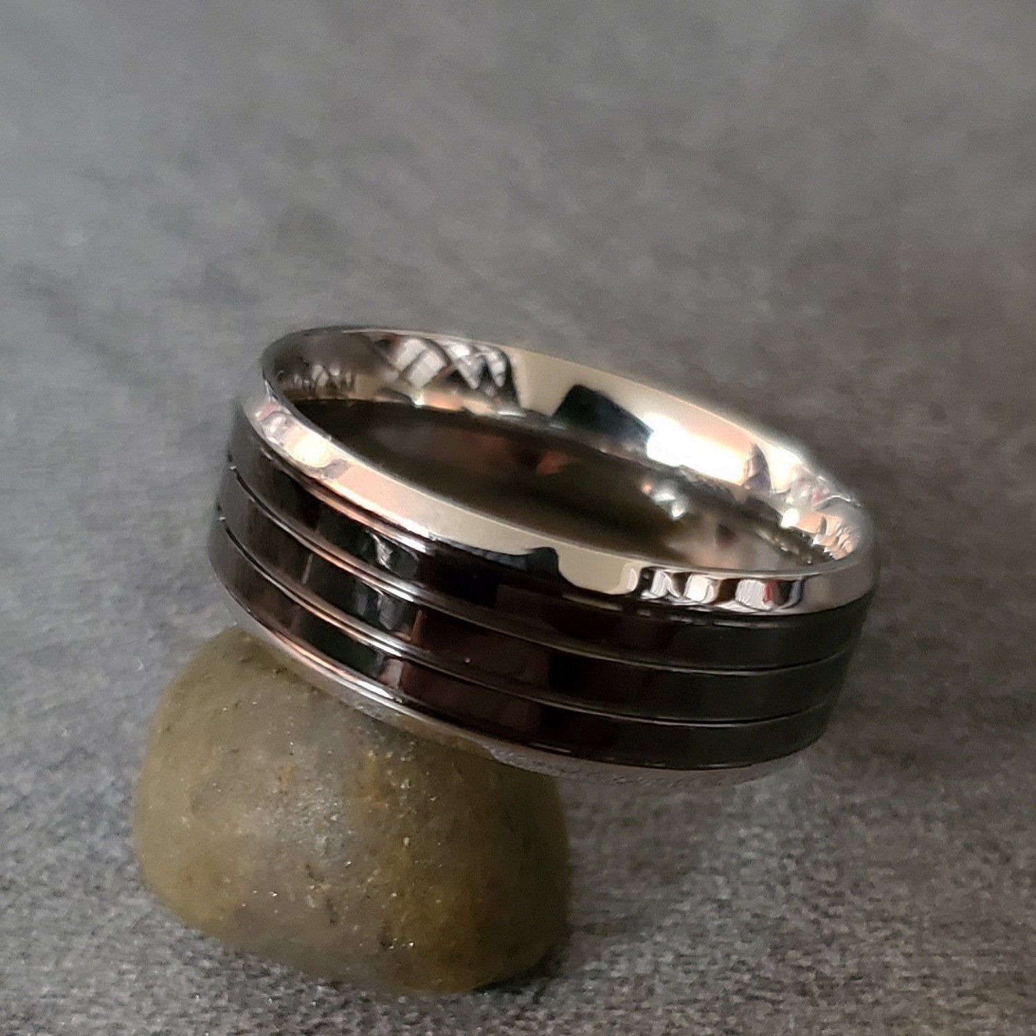 Personalized Men's Wedding Band - Double Grooved Stainless Steel