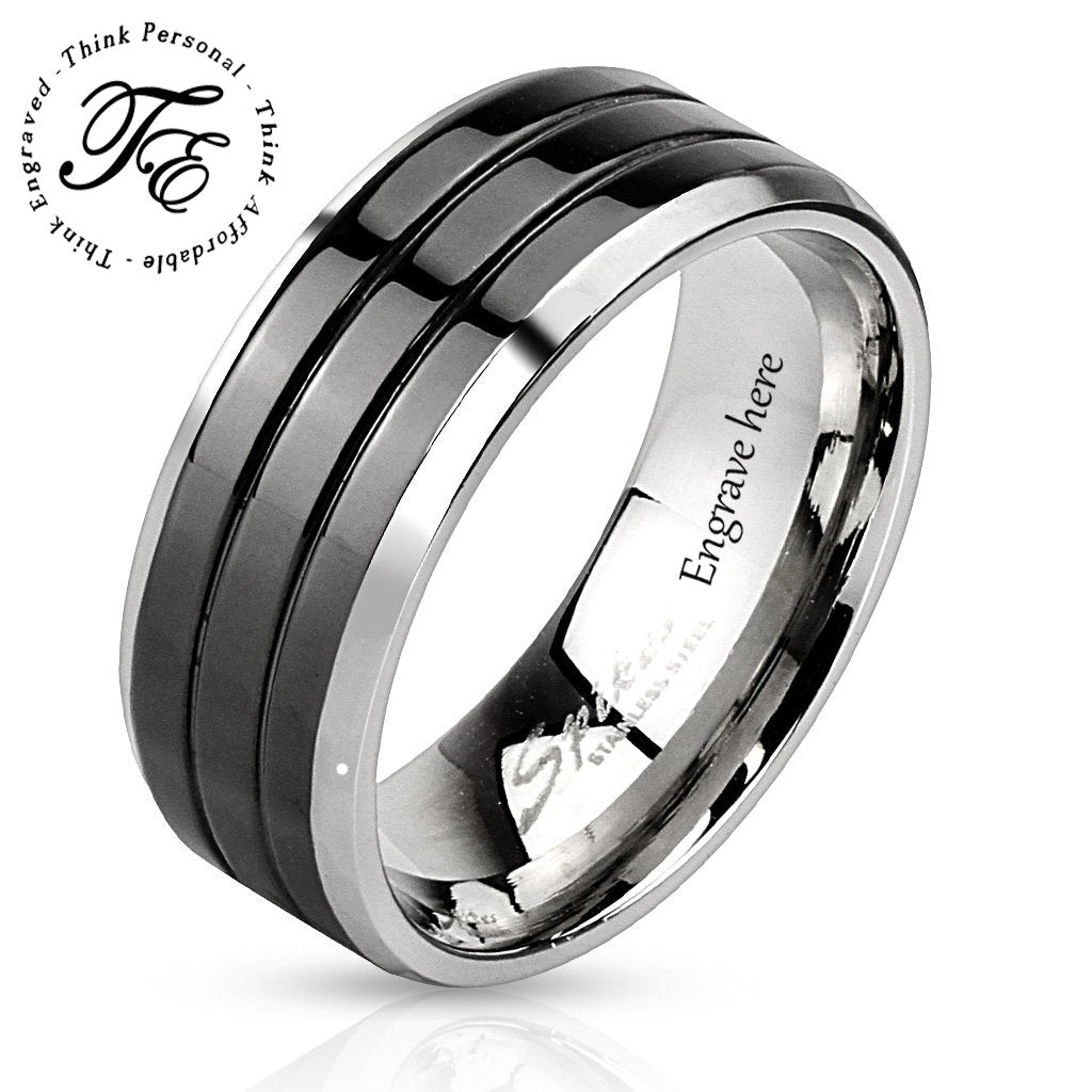 Personalized Men's Wedding Band - Double Grooved Stainless Steel