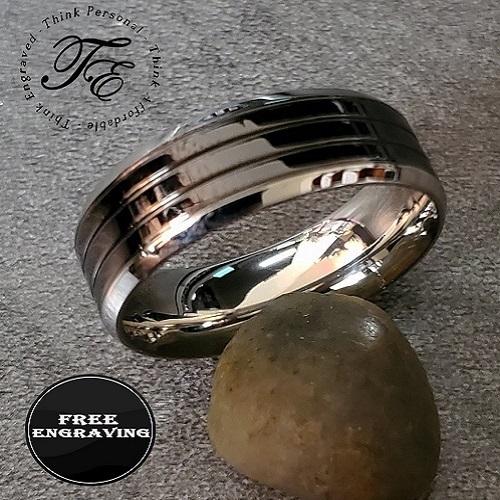 Personalized Men's Wedding Band - Double Grooved Stainless Steel