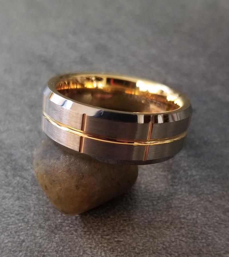 Personalized Men's Wedding Band - Grooved 14k Gold Over Real Tungsten