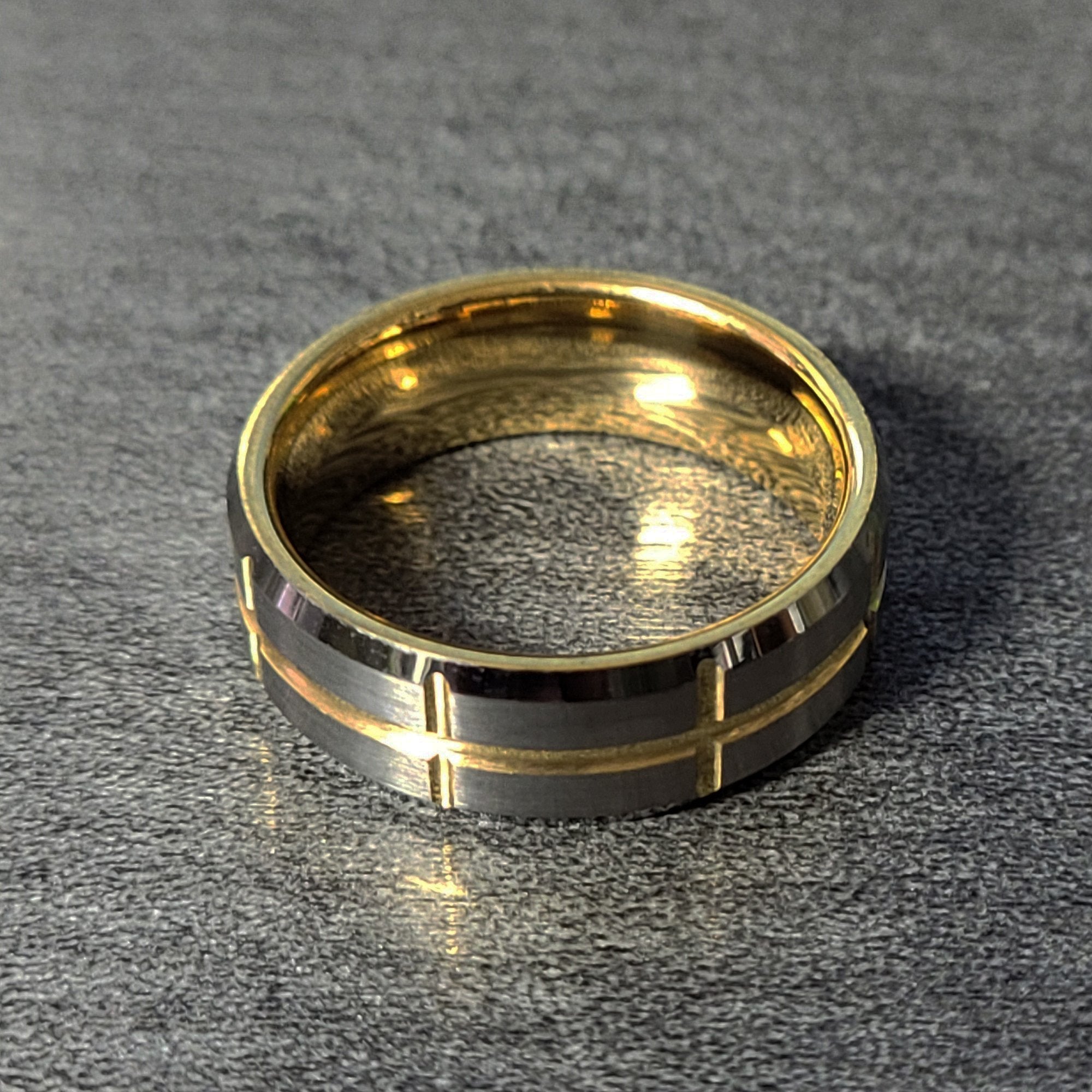 Personalized Men's Wedding Band - Grooved 14k Gold Over Real Tungsten