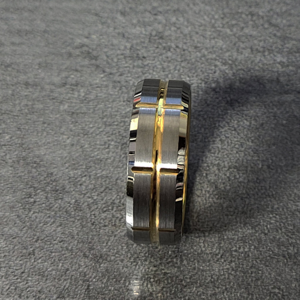 Personalized Men's Wedding Band - Grooved 14k Gold Over Real Tungsten