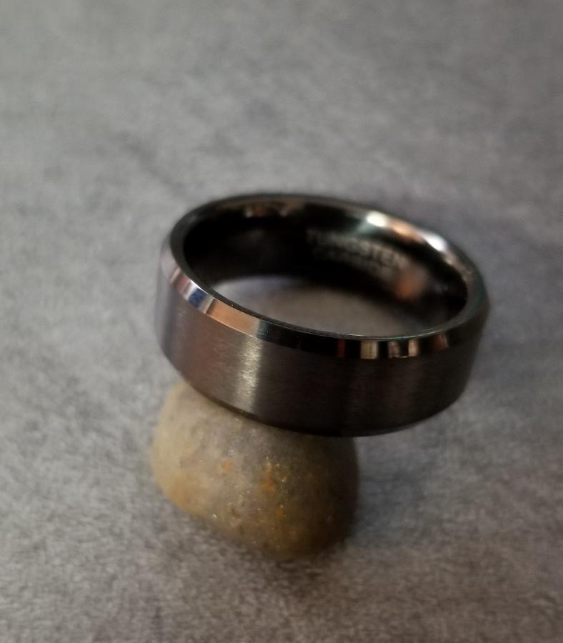 Personalized Men's Wedding Band - Matte Black Beveled Real Tungsten