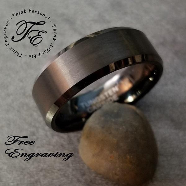 Personalized Men's Wedding Band - Matte Black Beveled Real Tungsten