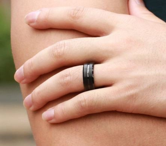 Personalized Men's Wedding Band - Matte Black Grooved Stainless Steel