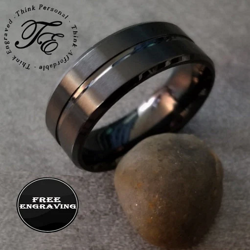 Personalized Men's Wedding Band - Matte Black Grooved Stainless Steel