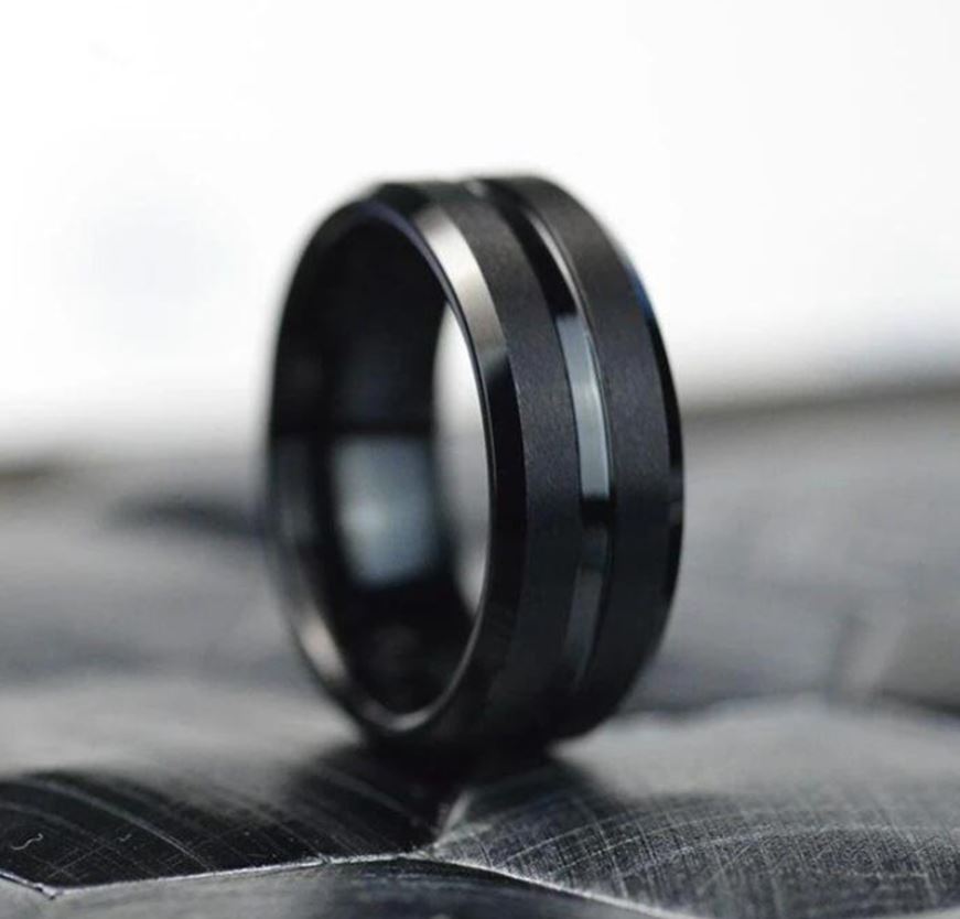 Personalized Men's Wedding Band - Matte Black Grooved Stainless Steel