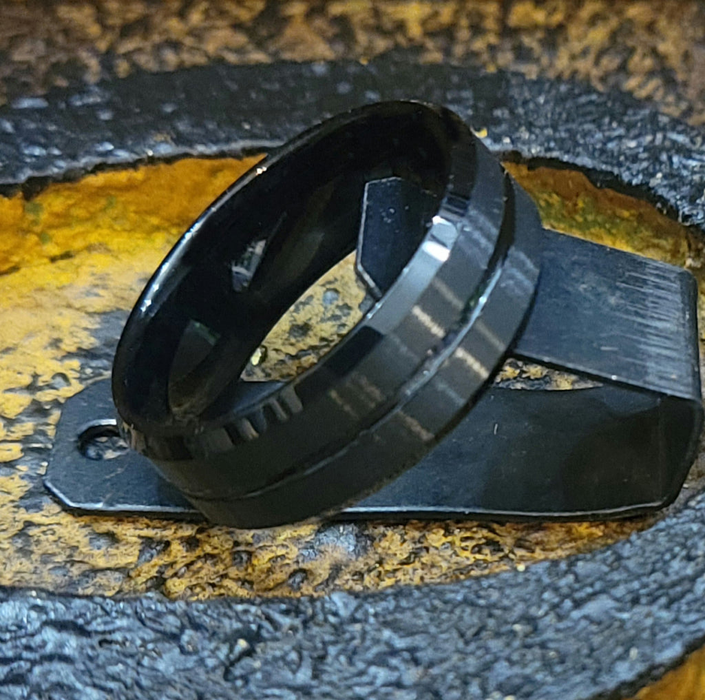 Personalized Men's Wedding Band - Matte Black Grooved Stainless Steel