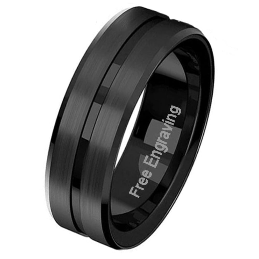 Personalized Men's Wedding Band - Matte Black Grooved Stainless Steel