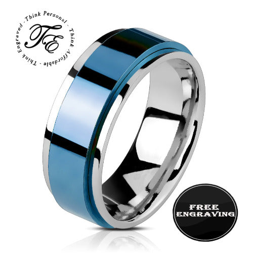 Personalized Men's Wedding Band - Silver and Blue Fidget Spinner Ring