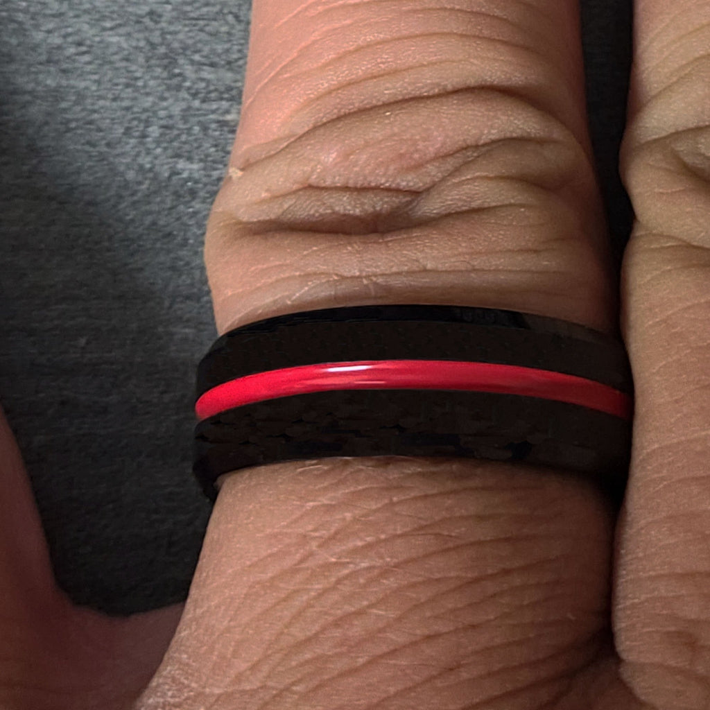 Personalized Men's Wedding Band With Thin Red Line Groove