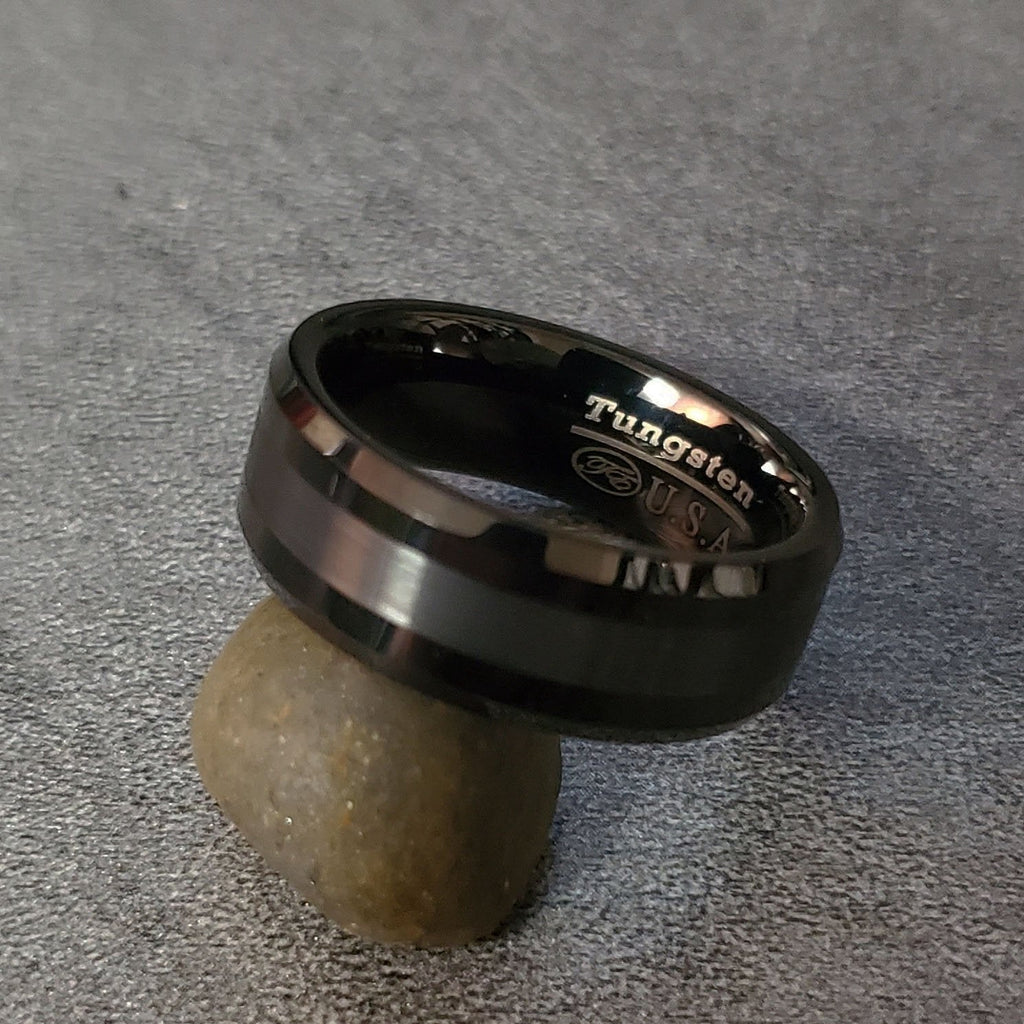 Personalized Men's Wedding Ring Band Two Tone Black Tungsten