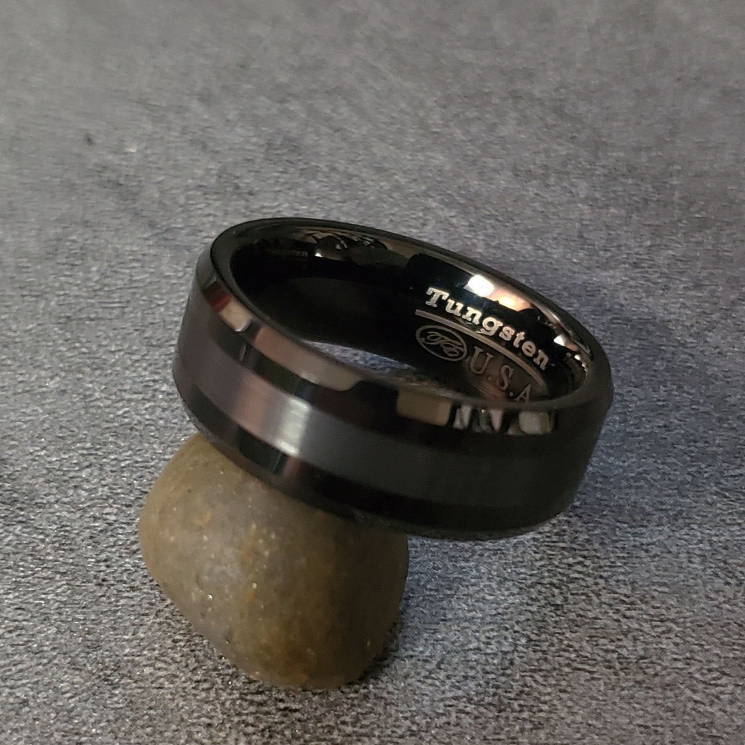Personalized Men's Wedding Ring Band Two Tone Black Tungsten