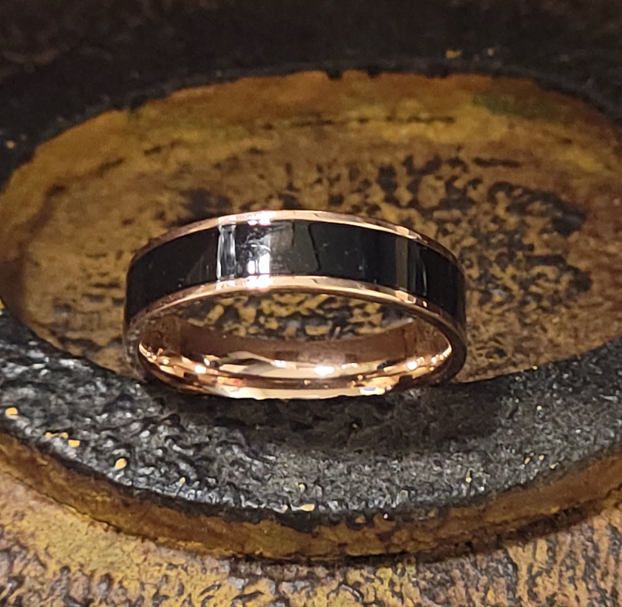 Personalized Men's Wedding Band With Rose Gold ip and Ceramic Inlay