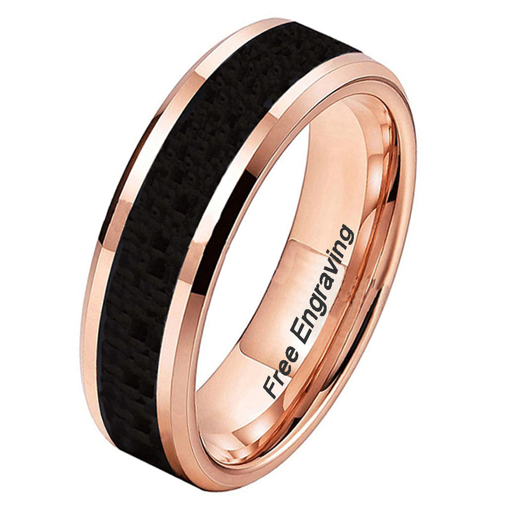 Personalized Men's Wedding Band With Rose Gold ip and Ceramic Inlay