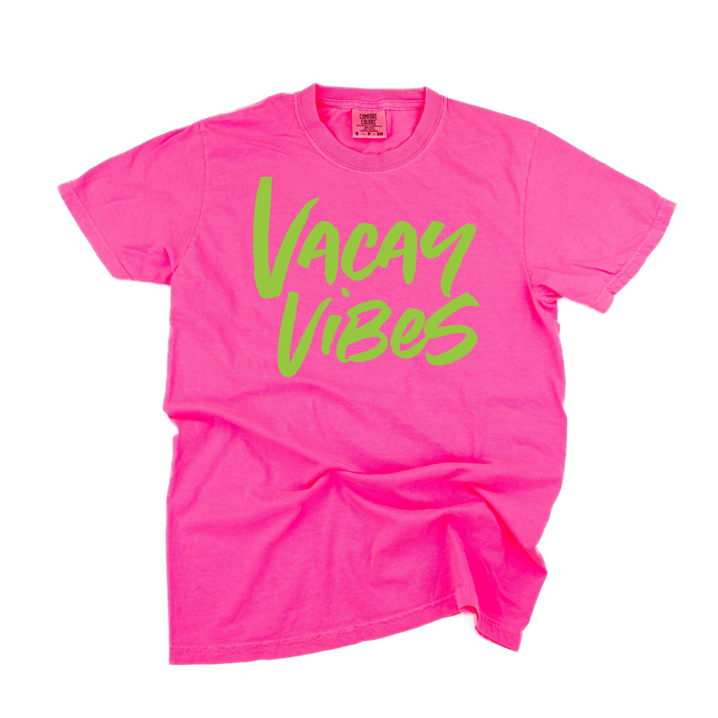 Vacay Vibes (Neon) w/ 2 Palm Trees (back) - Comfort Colors Tee