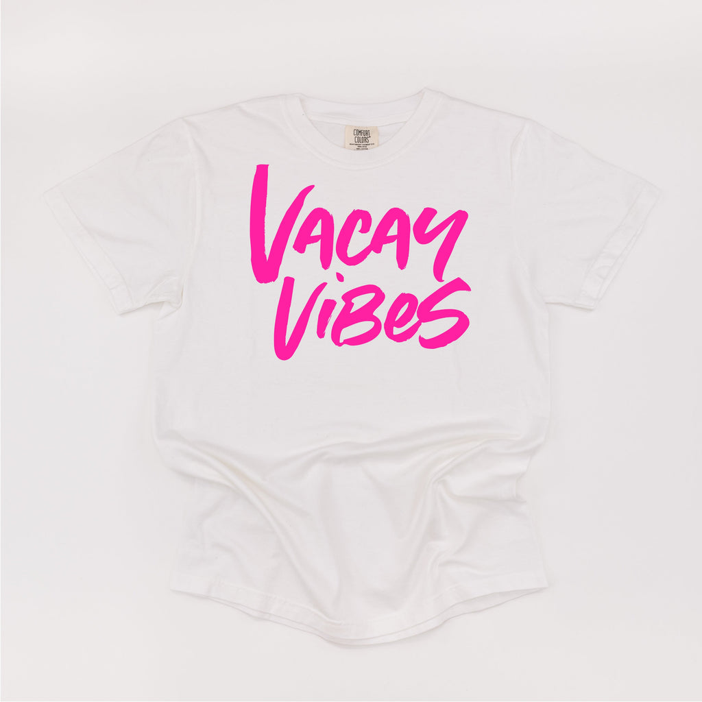 Vacay Vibes (Neon) w/ 2 Palm Trees (back) - Comfort Colors Tee